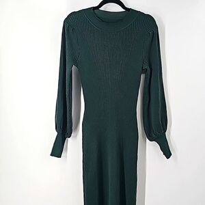 Green‎ Crew Neck Ribbed Knit Puffed Sleeves Stretchy Bodycon Midi Sweater Dress